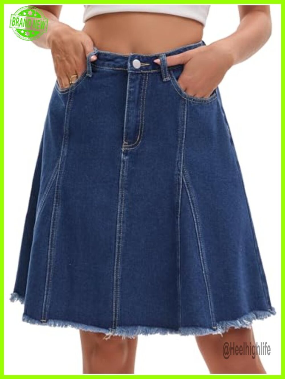 A-Line High Waist Raw Hem Denim Skirt with Pockets Cotton Blend